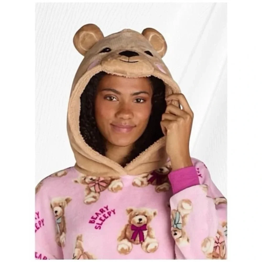 Pink Bear Print Hoodie Pajama Top (XL) - (16/18)